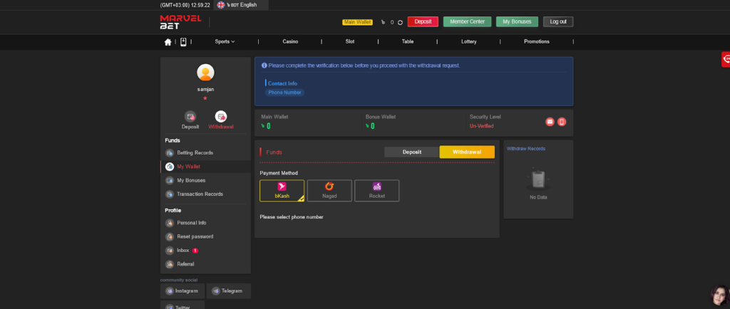 MarvelBet withdraw using bKash