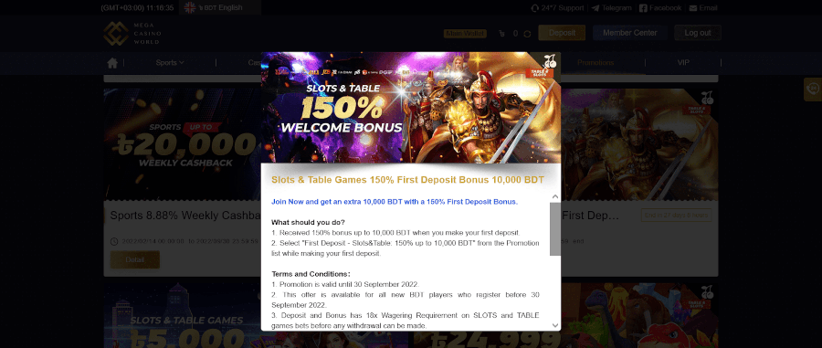 MCW casino welcome bonus BD 150% for slots and table games at casino