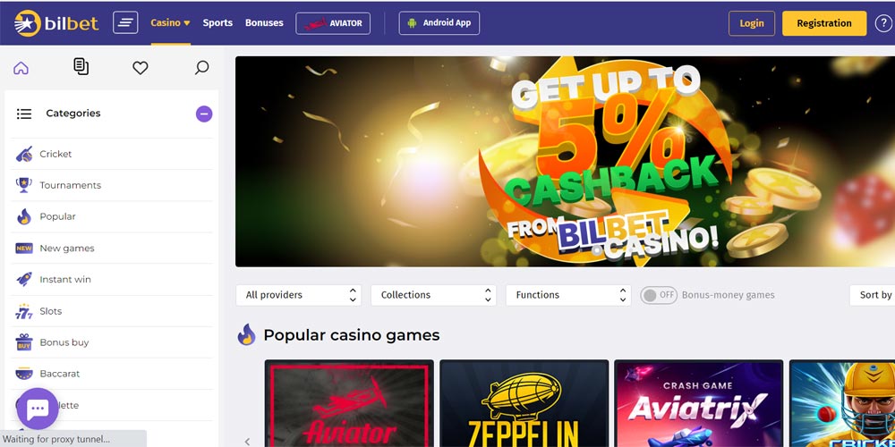 Bilbet games on the homepage