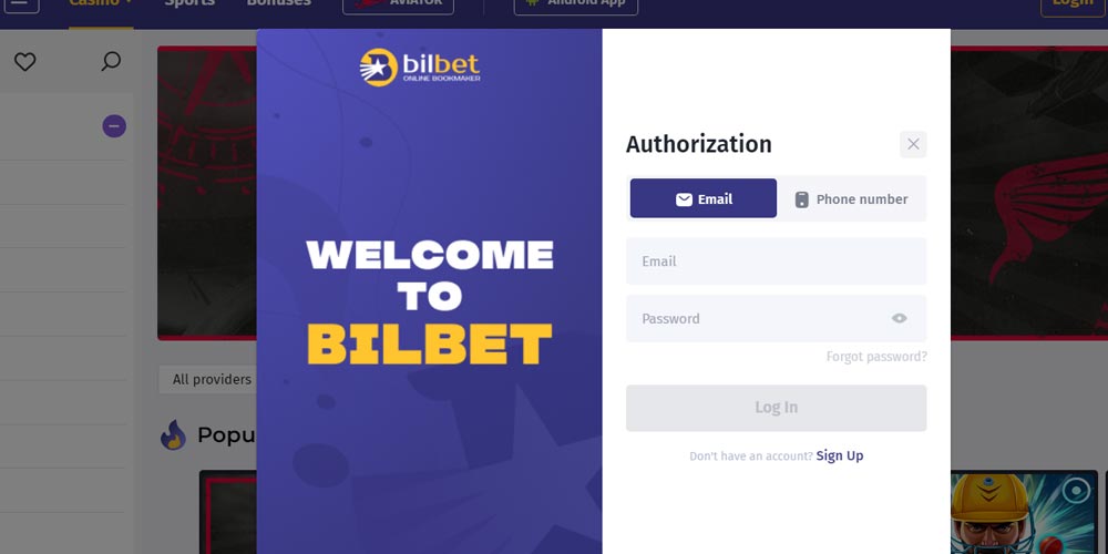 bilbet login form